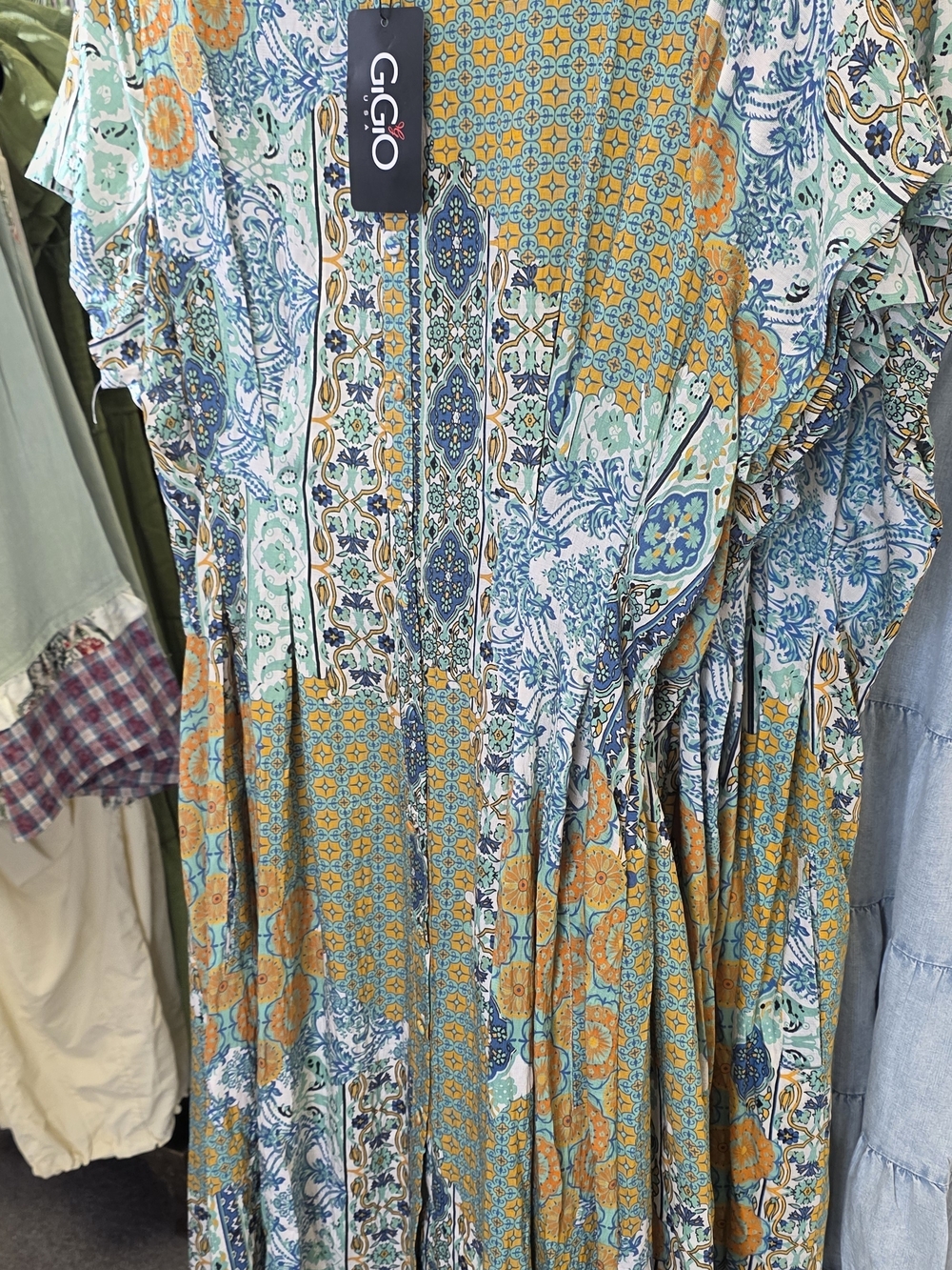GIGIO Floral Patchwork Midi Dress in Teal & Mustard